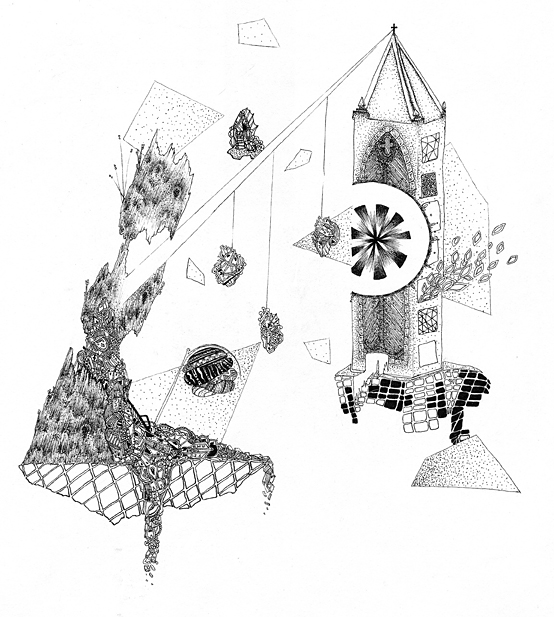 Black ink drawing of a building sending a ray of light to a tree on a floating landmass against a white background